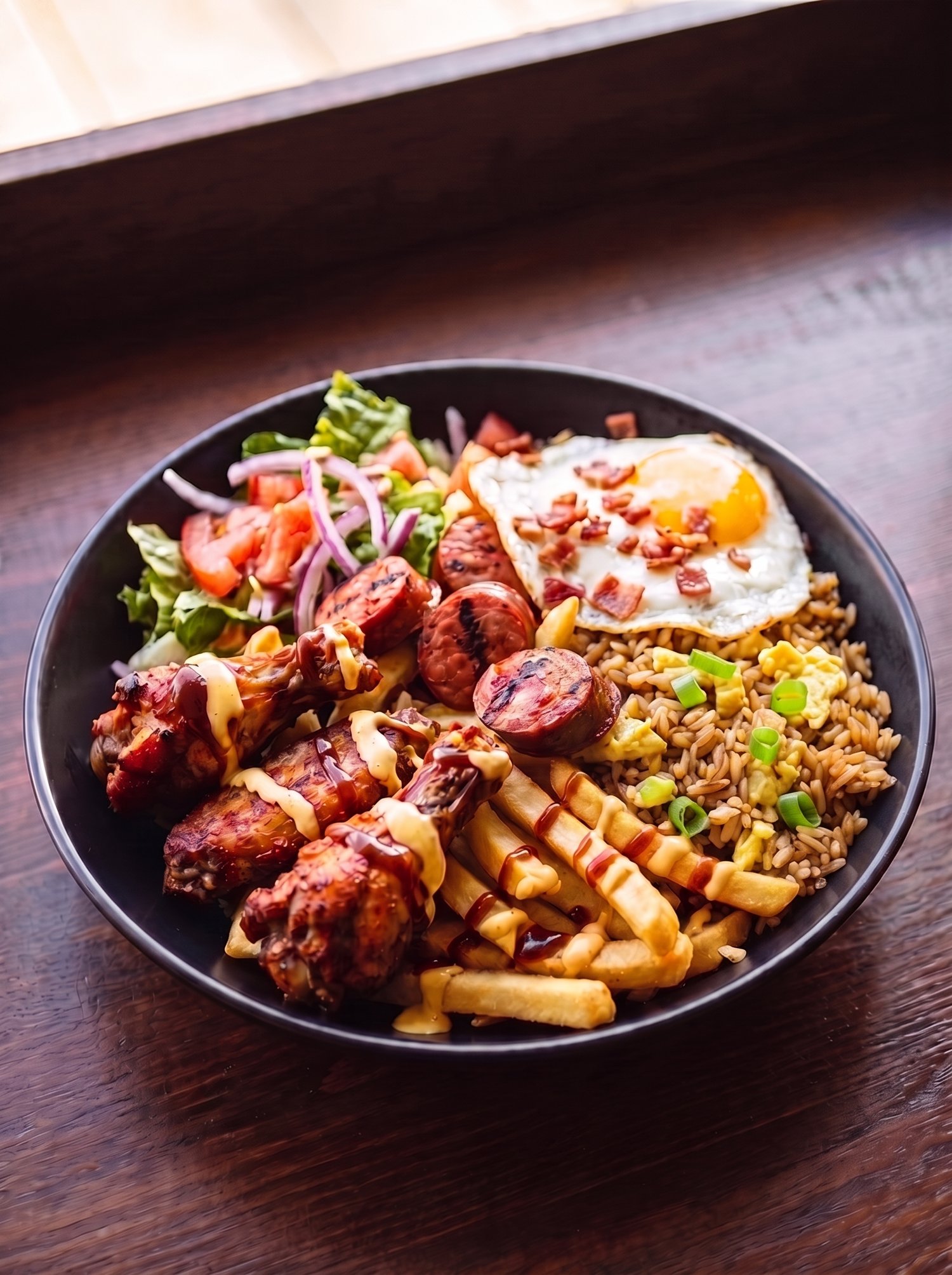 Bowl cargado El Sin Reglas: chaufa, alitas BBQ, papas, chorizo y huevo frito