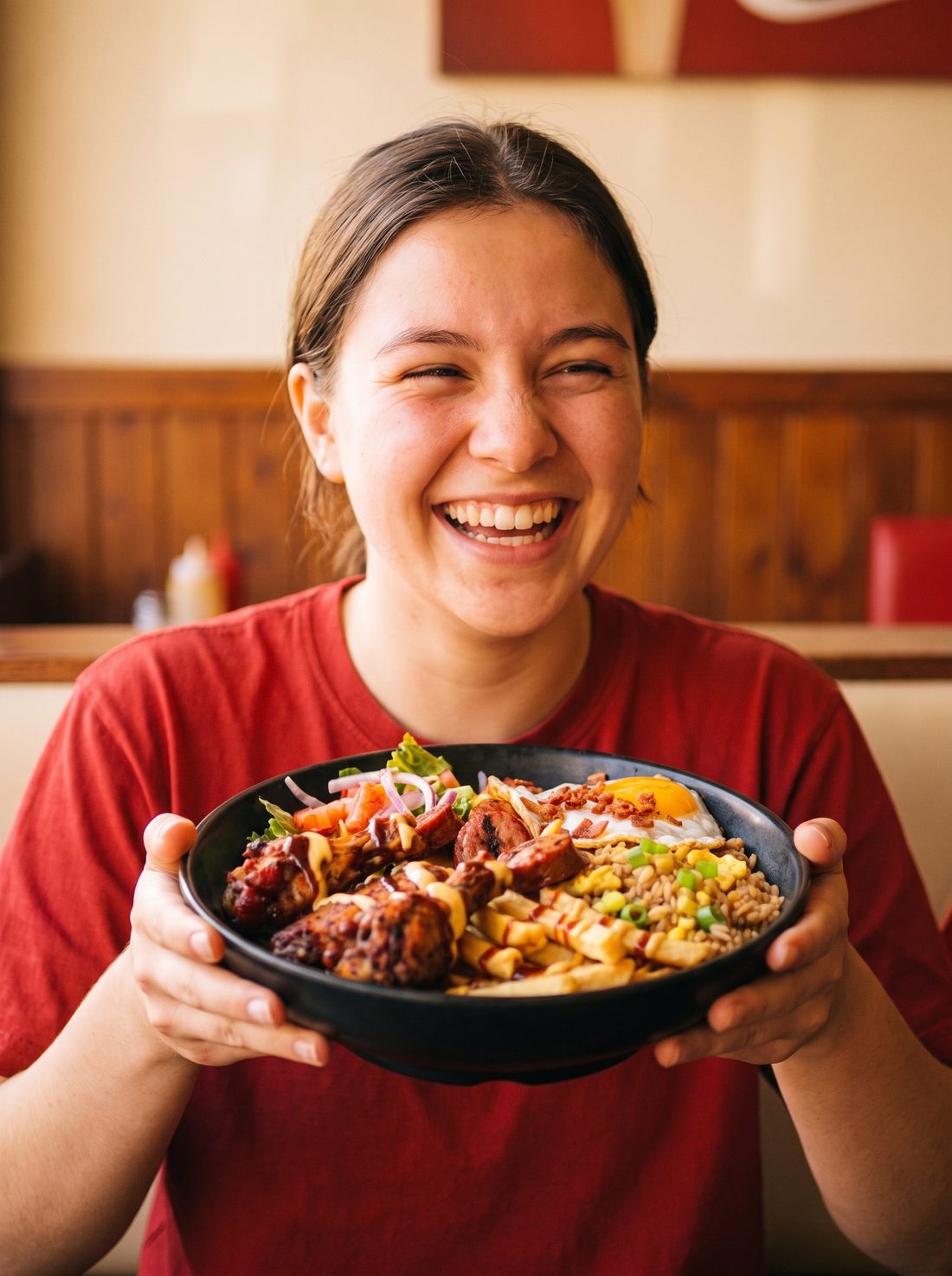 Chica riendo con su bowl en mano