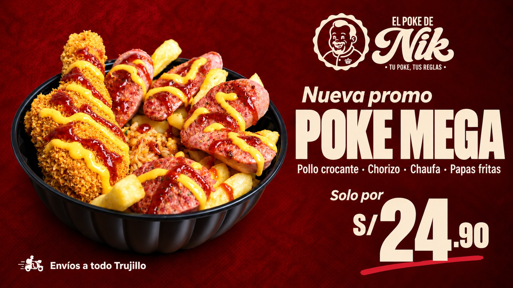 Poke Mega: pollo crocante, chorizo, chaufa y papas fritas por S/ 24.90